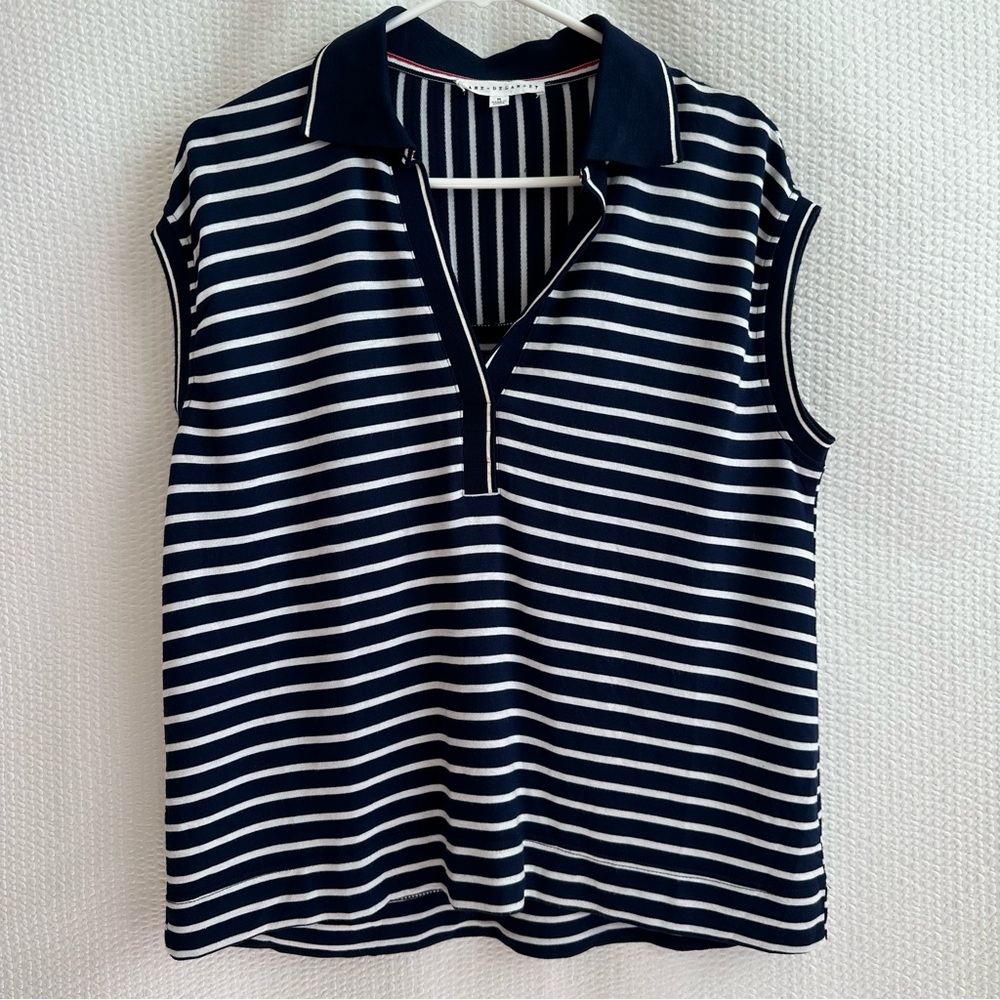 JANE + DELANCEY Navy White Striped Sleeveless Polo Top Medium Collared V Neck